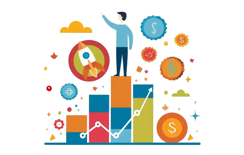 Businessman pointing at the top of a bar graph representing business growth