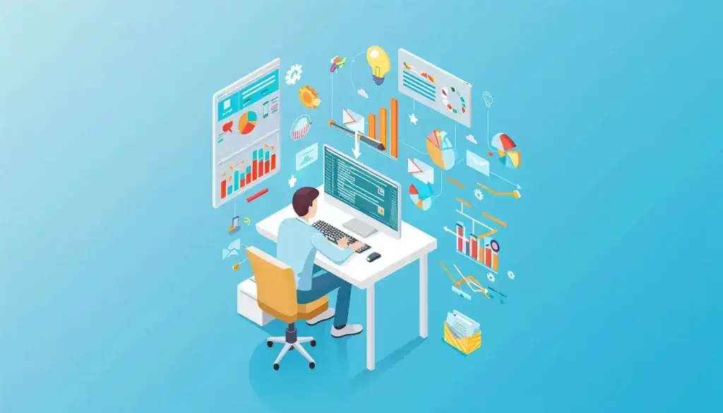 Isometric illustration of an IT worker coding at a desk